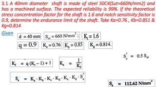 3.1 A 40mm diameter shaft is made of steel 50C4(Sut=660N/mm2) and
has a machined surface. The expected reliability is 99%. If the theoretical
stress concentration factor for the shaft is 1.6 and notch sensitivity factor is
0.9, determine the endurance limit of the shaft. Take Ka=0.76 , Kb=0.851 &
Kg=0.814
Given
 
