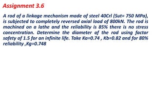 A rod of a linkage mechanism made of steel 40Crl (Sut= 750 MPa),
is subjected to completely reversed axial load of 800kN. The rod is
machined on a lathe and the reliability is 85% there is no stress
concentration. Determine the diameter of the rod using factor
safety of 1.5 for an infinite life. Take Ka=0.74 , Kb=0.82 and for 80%
reliability ,Kg=0.748
Assignment 3.6
 