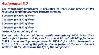 The mechanical component is subjected to work cycle consist of the
following complete reversed bending stresses:
500 MPa for 20% of time;
255 MPa for 15% of time;
300 MPa for 10% of time
250 MPa for 25% of time
No load for remaining time
The material has an ultimate tensile strength of 1000 MPa. Take
surface finish factor as 0.9 , size factor as 0.75 and reliability factor as
0.887. the operating temperature is 3000 C for which temperature
factor is 0.5. assuming the fatigue stresss factor at the most stressed
section as 0.65., determine the life of the component.
Assignment 3.7
 