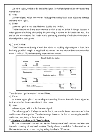 An outer signal, which is the first stop signal. The outer signal can also be below the
warner also.
b) Home
A home signal, which protects the facing point and is placed at an adequate distance
from the outer signal.
c) Starter
A starter signal is also provided on a double-line section.
The B class station is the most common station in use on Indian Railways because it
offers greater flexibility of working. By providing a warner on the outer arm post, this
station can also cater to fast traffic while permitting shunting of vehicles even when a
clear signal has been given.
c) C class station
The C class station is only a block hut where no booking of passengers is done. It is
basically provided to split a long block section so that the interval between successive
trains is reduced. No train normally stops at these stations.
The minimum signals required are as follows.
a) Warner
A warner signal placed at an adequate warning distance from the home signal to
indicate whether the section ahead is clear or not.
b) Home
A home signal, which is the first stop signal.
The advantage of a C class station is that it ensures the faster movement of trains
and increases line capacity. The disadvantage, however, is that no shunting is possible
and trains cannot stop at these stations.
2) Non-block Stations or D Class Stations:
D class or non-block stations are located between two block stations and does not
form the boundary of any block section. No signals are provided at D class stations. A
D class station that serves an outlying siding is called a DK station.
 