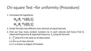 Chi-square Test –for uniformity (Procedure)
1. Formulate the hypothesis
H0:Ri ~U[0,1]
H1:Ri ~U[0,1]
2. Divide the data into different class intervals of equal intervals
3. Find out how many random numbers lie in each interval and hence find Oi
(observed frequency) & expected frequency Ei using the formula
Ei =
𝑁
𝑛
where N is the total no of observation
n is the no of class interval
L=n-1 is known as degree of freedom
23
 