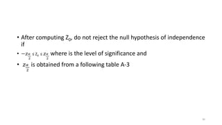 • After computing Z0, do not reject the null hypothesis of independence
if
• −𝑧 𝛼
2
≤ Z0 ≤ 𝑧 𝛼
2
where is the level of significance and
• 𝑧 𝛼
2
is obtained from a following table A-3
30
 