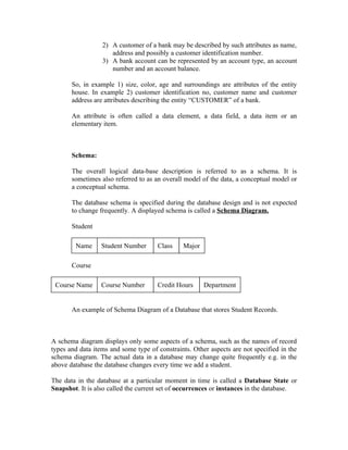 2) A customer of a bank may be described by such attributes as name,
                     address and possibly a customer identification number.
                  3) A bank account can be represented by an account type, an account
                     number and an account balance.

       So, in example 1) size, color, age and surroundings are attributes of the entity
       house. In example 2) customer identification no, customer name and customer
       address are attributes describing the entity “CUSTOMER” of a bank.

       An attribute is often called a data element, a data field, a data item or an
       elementary item.



       Schema:

       The overall logical data-base description is referred to as a schema. It is
       sometimes also referred to as an overall model of the data, a conceptual model or
       a conceptual schema.

       The database schema is specified during the database design and is not expected
       to change frequently. A displayed schema is called a Schema Diagram.

       Student

        Name      Student Number      Class    Major

       Course

 Course Name      Course Number       Credit Hours     Department


       An example of Schema Diagram of a Database that stores Student Records.



A schema diagram displays only some aspects of a schema, such as the names of record
types and data items and some type of constraints. Other aspects are not specified in the
schema diagram. The actual data in a database may change quite frequently e.g. in the
above database the database changes every time we add a student.

The data in the database at a particular moment in time is called a Database State or
Snapshot. It is also called the current set of occurrences or instances in the database.
 
