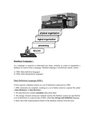 Database Language:-

As a language is required to understand any thing, similarly to create or manipulate a
database we need to learn a language. Database language is divided into mainly 2 parts:-

1) DDL (Data definition language)
2) DML (Data Manipulation language)


Data Definition Language (DDL)

Used to specify a database scheme as a set of definitions expressed in a DDL
1. DDL statements are compiled, resulting in a set of tables stored in a special file called
a data dictionary or data directory.
2. The data directory contains metadata (data about data)
3. The storage structure and access methods used by the database system are specified by
a set of definitions in a special type of DDL called data storage and definition language
4. Basic idea: hide implementation details of the database schemes from the users
 