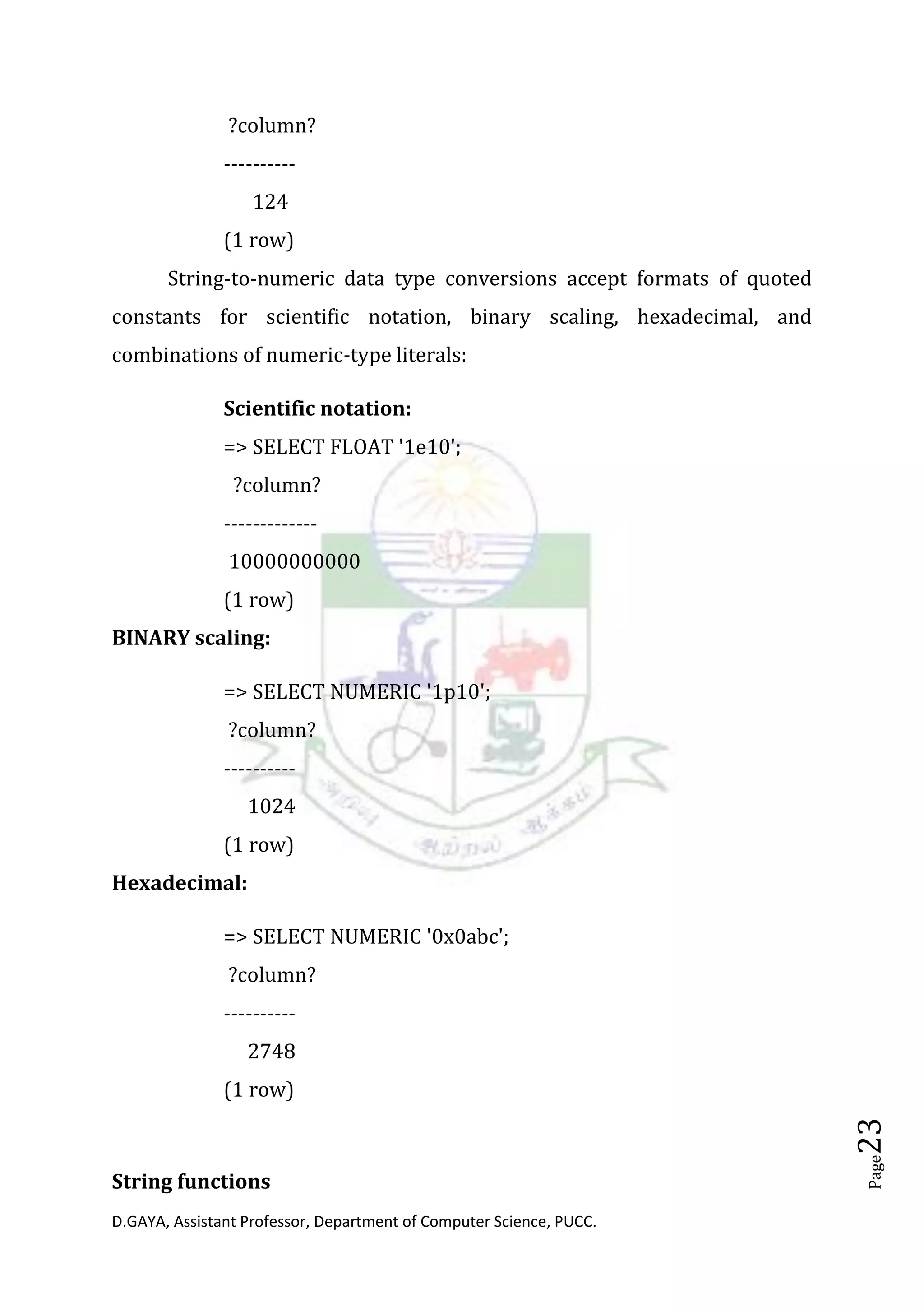 D.GAYA, Assistant Professor, Department of Computer Science, PUCC.
Page23
?column?
----------
124
(1 row)
String-to-numeric data type conversions accept formats of quoted
constants for scientific notation, binary scaling, hexadecimal, and
combinations of numeric-type literals:
Scientific notation:
=> SELECT FLOAT '1e10';
?column?
-------------
10000000000
(1 row)
BINARY scaling:
=> SELECT NUMERIC '1p10';
?column?
----------
1024
(1 row)
Hexadecimal:
=> SELECT NUMERIC '0x0abc';
?column?
----------
2748
(1 row)
String functions
 