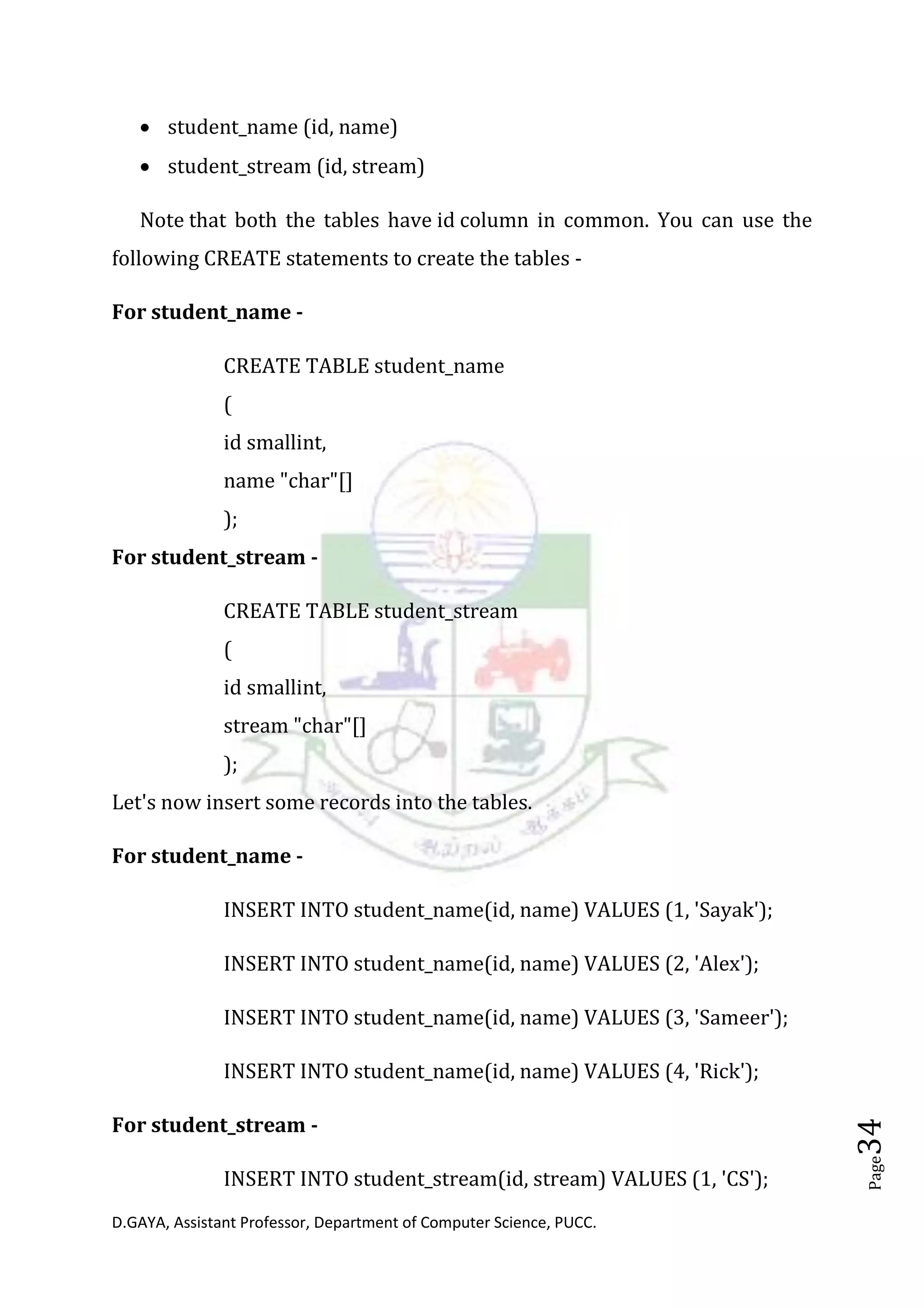 D.GAYA, Assistant Professor, Department of Computer Science, PUCC.
Page34
• student_name (id, name)
• student_stream (id, stream)
Note that both the tables have id column in common. You can use the
following CREATE statements to create the tables -
For student_name -
CREATE TABLE student_name
(
id smallint,
name "char"[]
);
For student_stream -
CREATE TABLE student_stream
(
id smallint,
stream "char"[]
);
Let's now insert some records into the tables.
For student_name -
INSERT INTO student_name(id, name) VALUES (1, 'Sayak');
INSERT INTO student_name(id, name) VALUES (2, 'Alex');
INSERT INTO student_name(id, name) VALUES (3, 'Sameer');
INSERT INTO student_name(id, name) VALUES (4, 'Rick');
For student_stream -
INSERT INTO student_stream(id, stream) VALUES (1, 'CS');
 