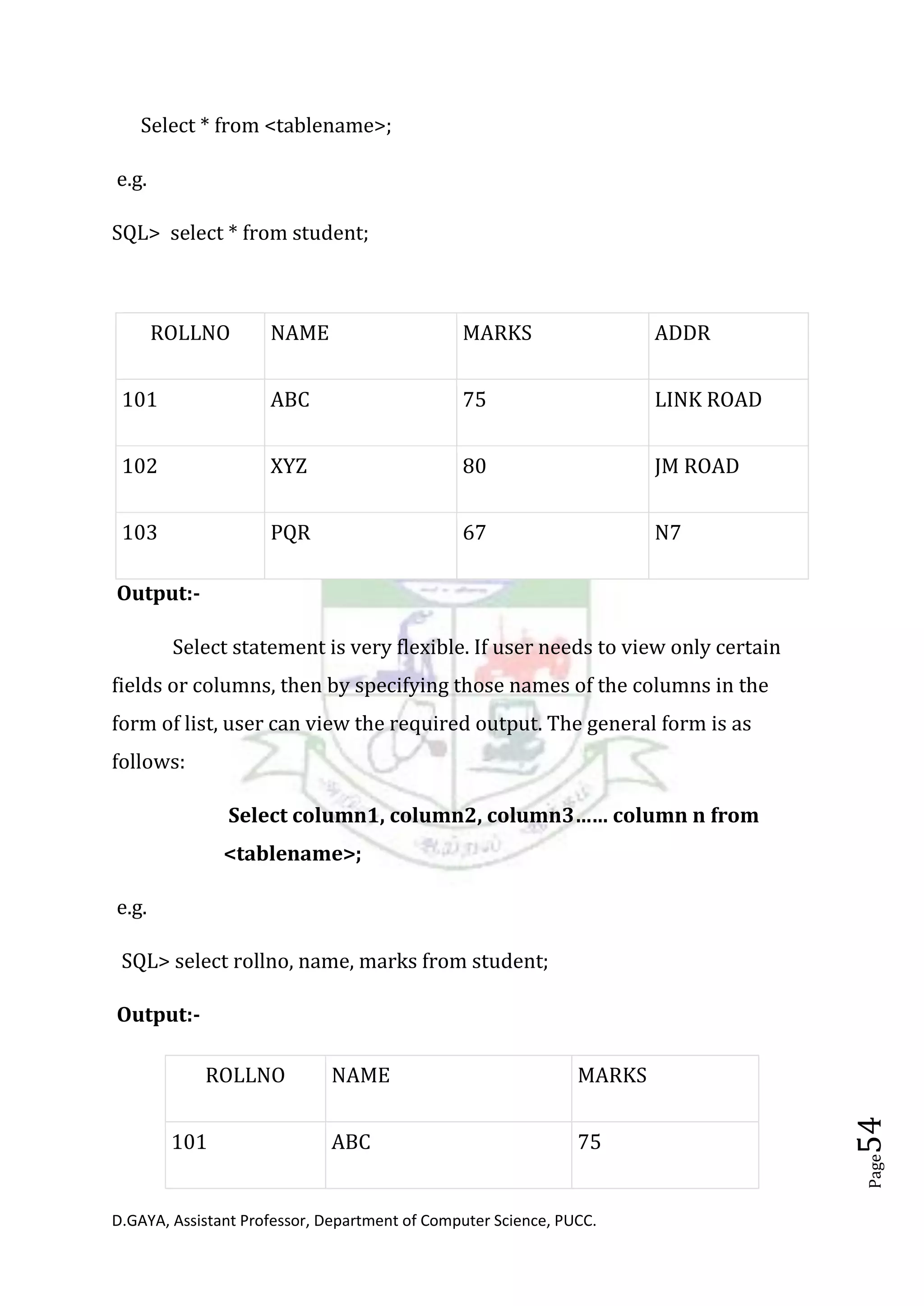 D.GAYA, Assistant Professor, Department of Computer Science, PUCC.
Page54
Select * from <tablename>;
e.g.
SQL> select * from student;
Output:-
Select statement is very flexible. If user needs to view only certain
fields or columns, then by specifying those names of the columns in the
form of list, user can view the required output. The general form is as
follows:
Select column1, column2, column3…… column n from
<tablename>;
e.g.
SQL> select rollno, name, marks from student;
Output:-
ROLLNO NAME MARKS
101 ABC 75
ROLLNO NAME MARKS ADDR
101 ABC 75 LINK ROAD
102 XYZ 80 JM ROAD
103 PQR 67 N7
 