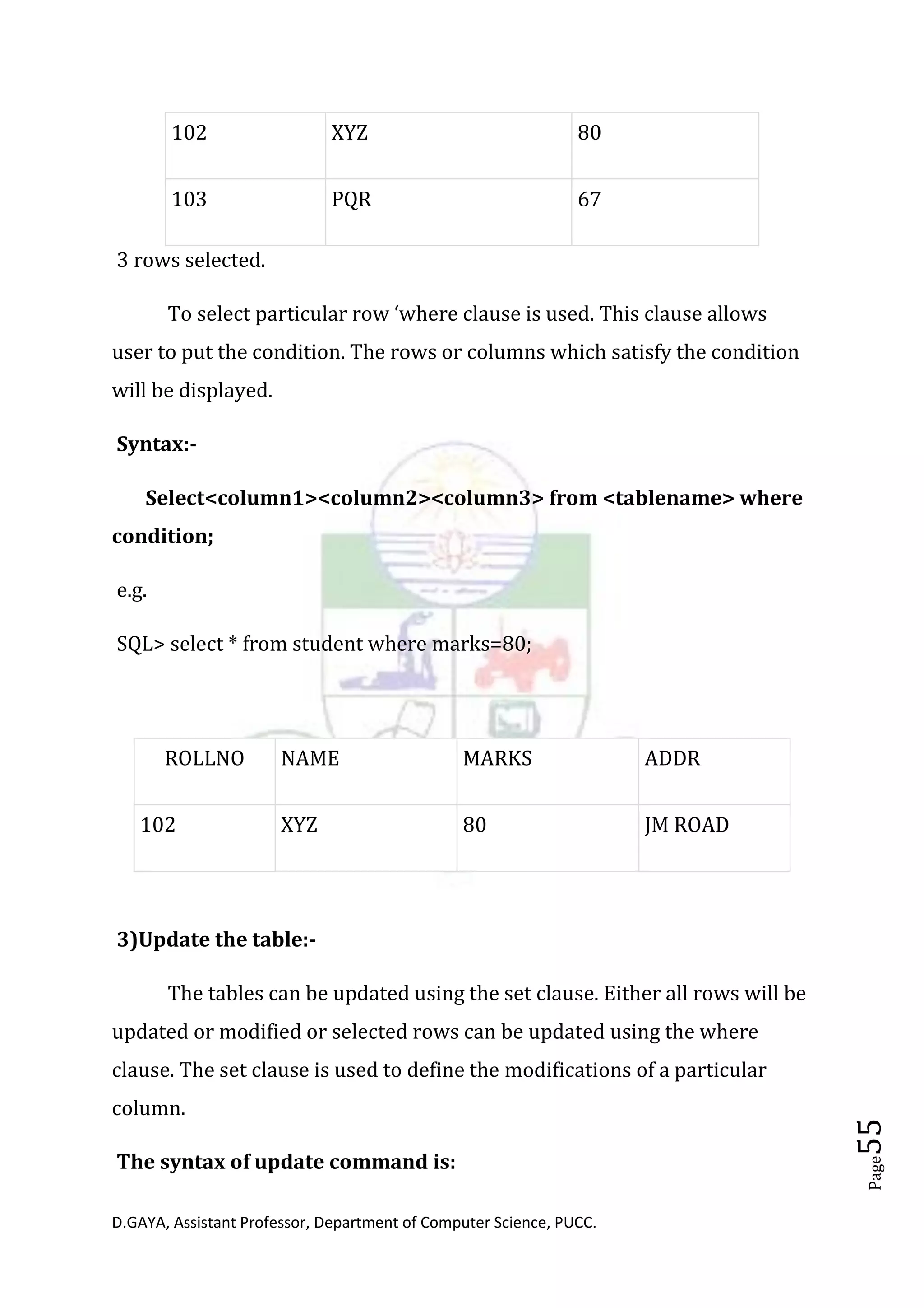 D.GAYA, Assistant Professor, Department of Computer Science, PUCC.
Page55
102 XYZ 80
103 PQR 67
3 rows selected.
To select particular row ‘where clause is used. This clause allows
user to put the condition. The rows or columns which satisfy the condition
will be displayed.
Syntax:-
Select<column1><column2><column3> from <tablename> where
condition;
e.g.
SQL> select * from student where marks=80;
ROLLNO NAME MARKS ADDR
102 XYZ 80 JM ROAD
3)Update the table:-
The tables can be updated using the set clause. Either all rows will be
updated or modified or selected rows can be updated using the where
clause. The set clause is used to define the modifications of a particular
column.
The syntax of update command is:
 