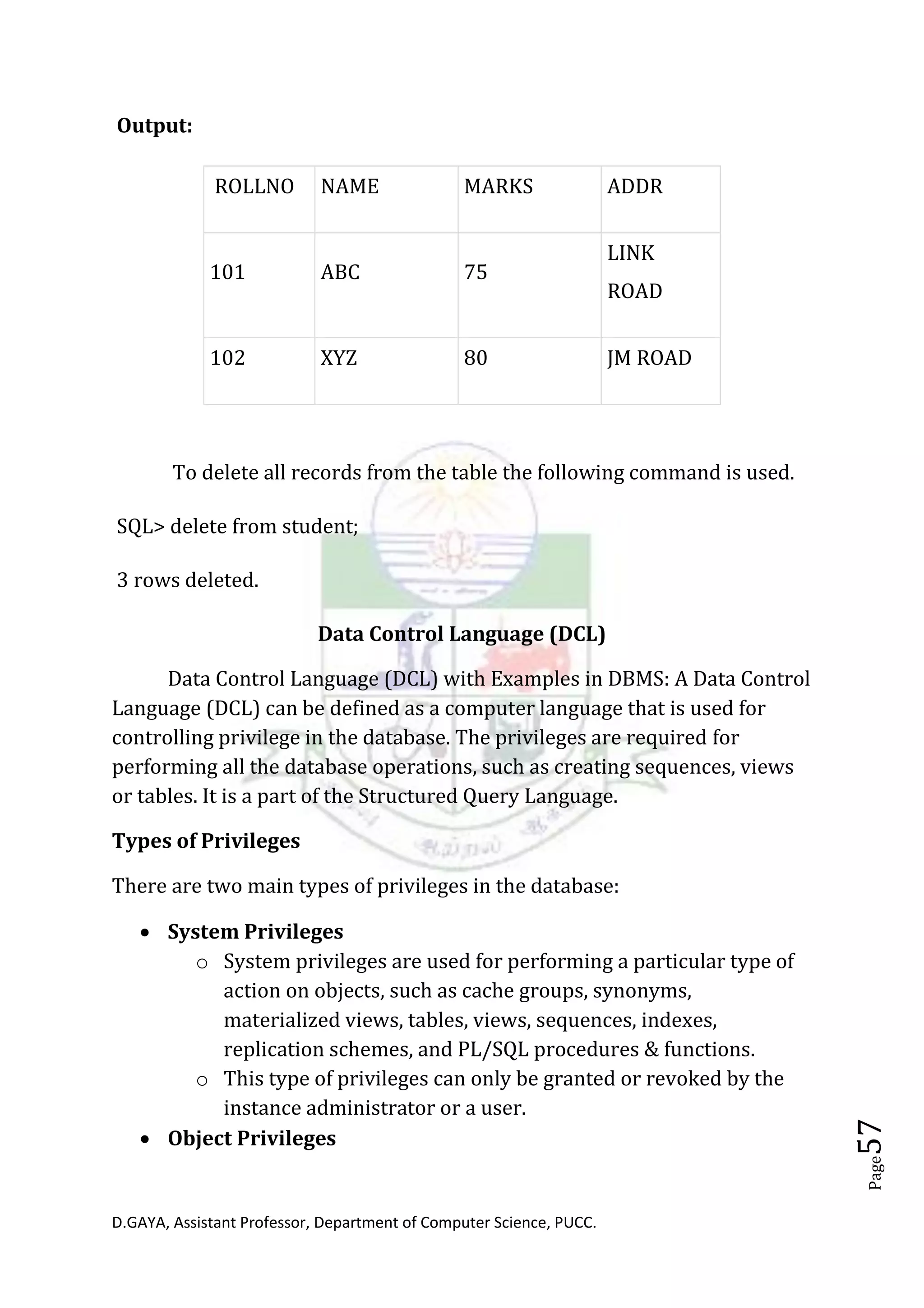 D.GAYA, Assistant Professor, Department of Computer Science, PUCC.
Page57
Output:
ROLLNO NAME MARKS ADDR
101 ABC 75
LINK
ROAD
102 XYZ 80 JM ROAD
To delete all records from the table the following command is used.
SQL> delete from student;
3 rows deleted.
Data Control Language (DCL)
Data Control Language (DCL) with Examples in DBMS: A Data Control
Language (DCL) can be defined as a computer language that is used for
controlling privilege in the database. The privileges are required for
performing all the database operations, such as creating sequences, views
or tables. It is a part of the Structured Query Language.
Types of Privileges
There are two main types of privileges in the database:
• System Privileges
o System privileges are used for performing a particular type of
action on objects, such as cache groups, synonyms,
materialized views, tables, views, sequences, indexes,
replication schemes, and PL/SQL procedures & functions.
o This type of privileges can only be granted or revoked by the
instance administrator or a user.
• Object Privileges
 