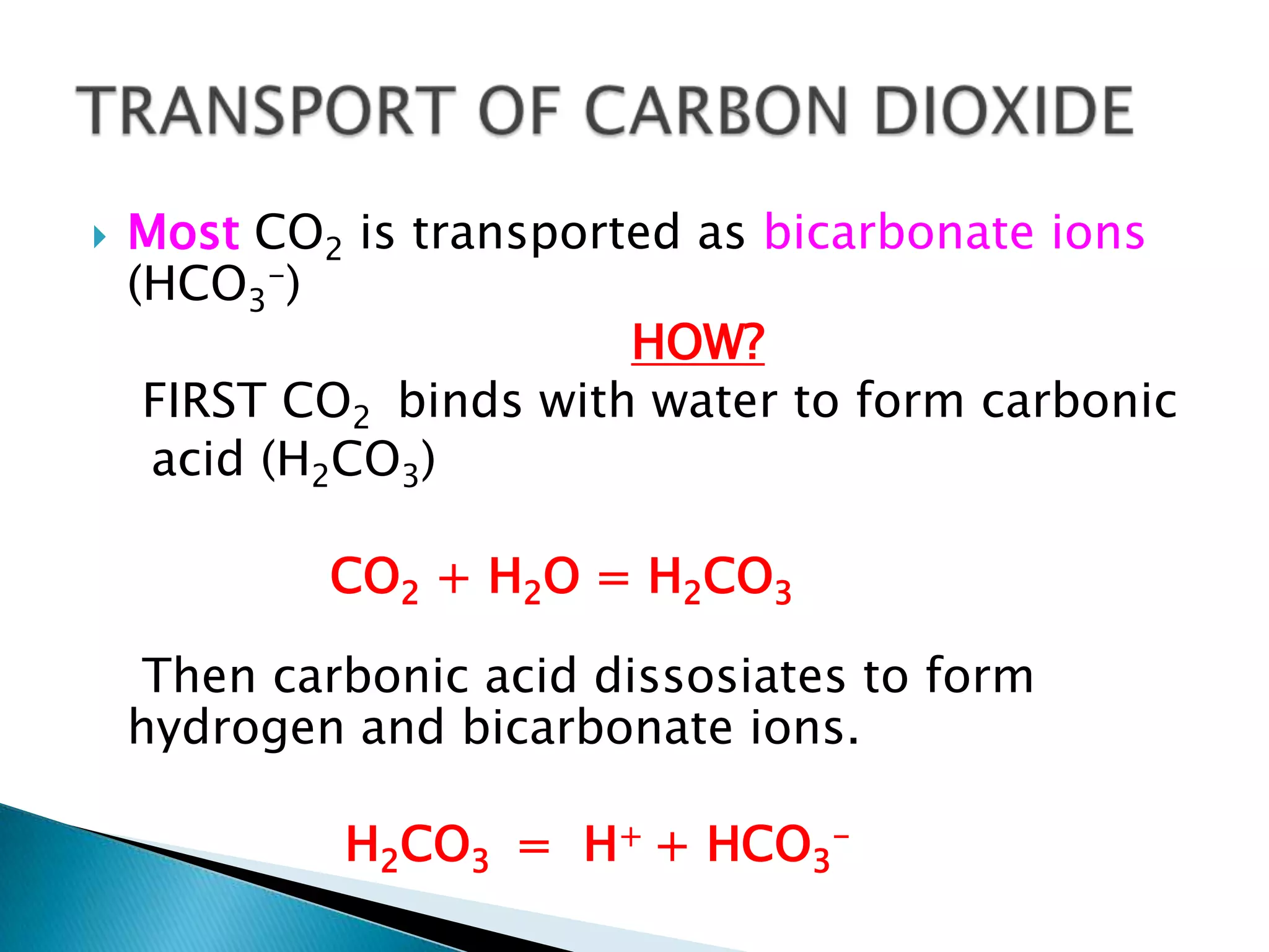    Most CO2 is transported as bicarbonate ions
    (HCO3-)
                         HOW?
     FIRST CO2 binds with water to form carbonic
     acid (H2CO3)

            CO2 + H2O = H2CO3

     Then carbonic acid dissosiates to form
    hydrogen and bicarbonate ions.

             H2CO3 = H+ + HCO3-
 