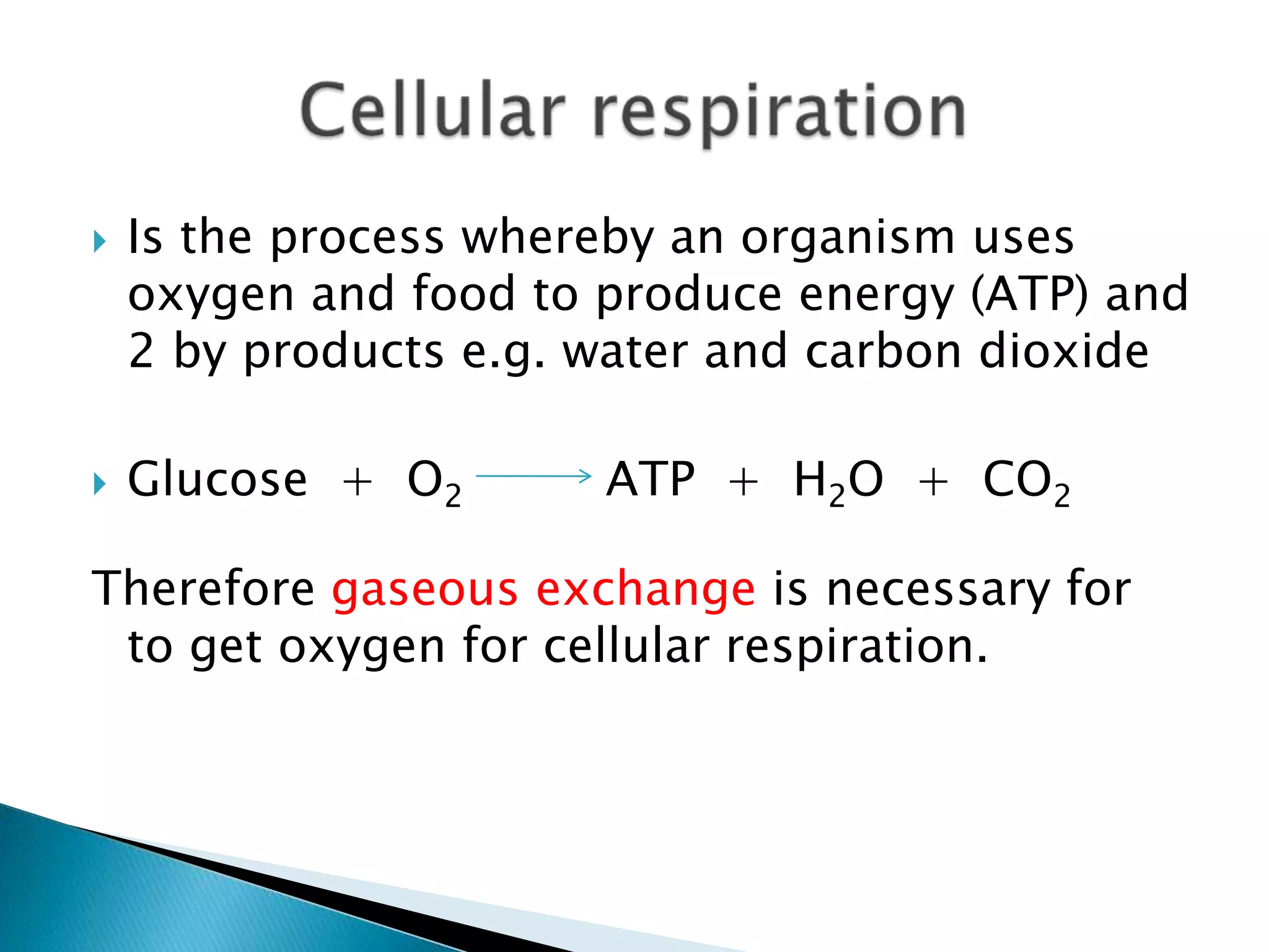    Is the process whereby an organism uses
    oxygen and food to produce energy (ATP) and
    2 by products e.g. water and carbon dioxide

   Glucose + O2       ATP + H2O + CO2

Therefore gaseous exchange is necessary for
 to get oxygen for cellular respiration.
 