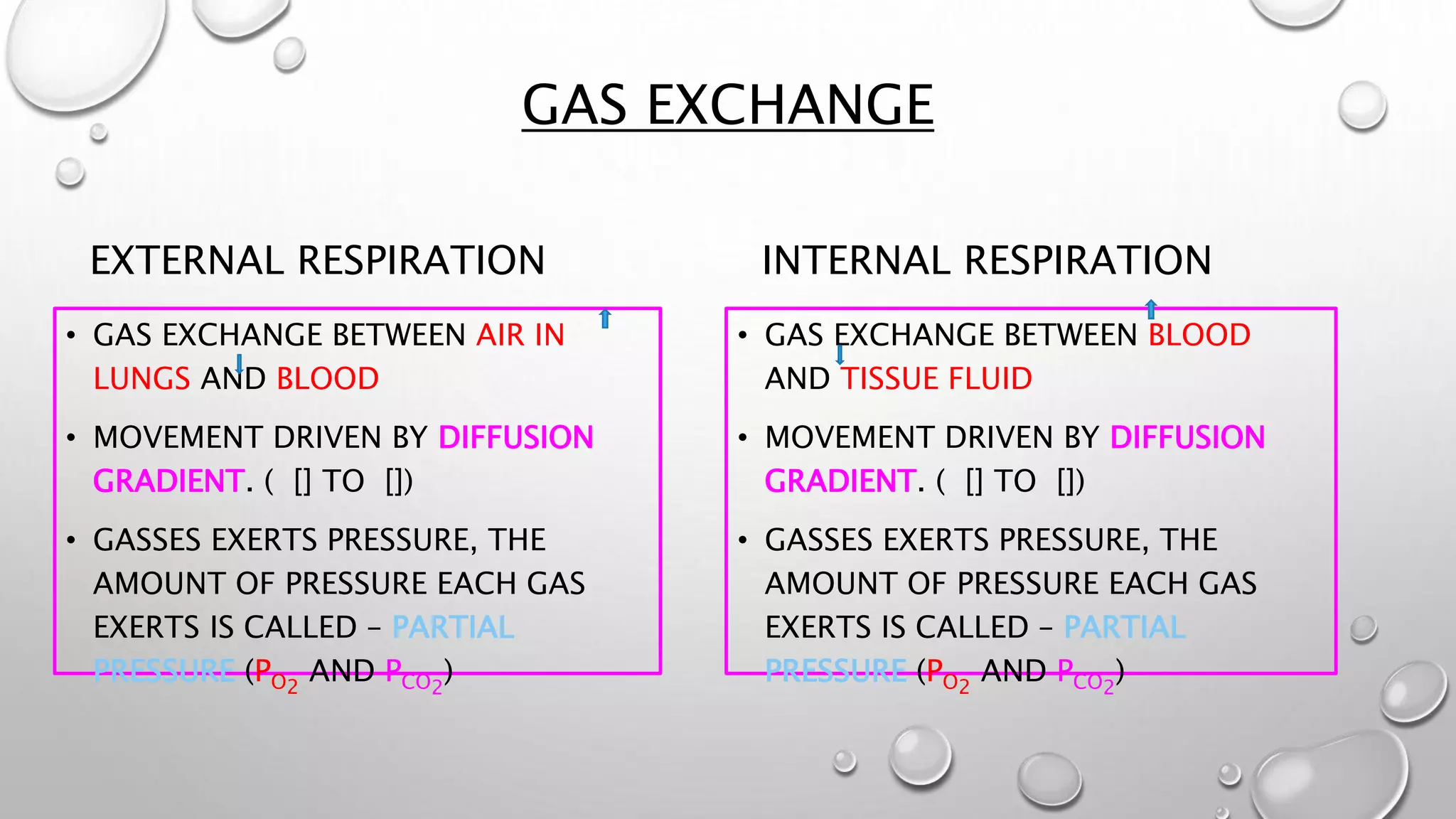 GAS EXCHANGE
EXTERNAL RESPIRATION
• GAS EXCHANGE BETWEEN AIR IN
LUNGS AND BLOOD
• MOVEMENT DRIVEN BY DIFFUSION
GRADIENT. ( [] TO [])
• GASSES EXERTS PRESSURE, THE
AMOUNT OF PRESSURE EACH GAS
EXERTS IS CALLED – PARTIAL
PRESSURE (PO2
AND PCO2
)
INTERNAL RESPIRATION
• GAS EXCHANGE BETWEEN BLOOD
AND TISSUE FLUID
• MOVEMENT DRIVEN BY DIFFUSION
GRADIENT. ( [] TO [])
• GASSES EXERTS PRESSURE, THE
AMOUNT OF PRESSURE EACH GAS
EXERTS IS CALLED – PARTIAL
PRESSURE (PO2
AND PCO2
)
 