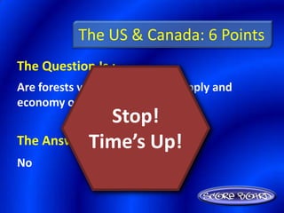 The US & Canada: 6 Points
The Question Is :
Are forests vital to the energy supply and
economy of the United States?
                Stop!
The Answer Time’s Up!
           Is :
No
 