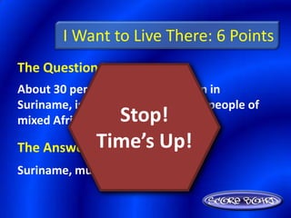 I Want to Live There: 6 Points
The Question Is :
About 30 percent of the population in
Suriname, is made up of ________, people of
                Stop!
mixed African and other ancestry.
            Time’s Up!
The Answer Is :
Suriname, mulattoes
 