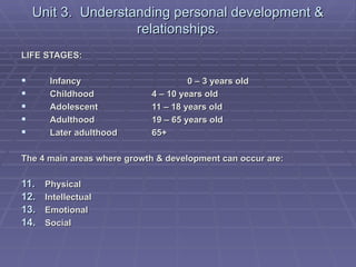 Unit 3. Understanding personal development &
                    relationships.
LIFE STAGES:

      Infancy              ...