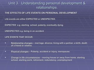 Unit 3. Understanding personal development &
                    relationships.
THE EFFECTS OF LIFE EVENTS ON PERSONAL DEV...