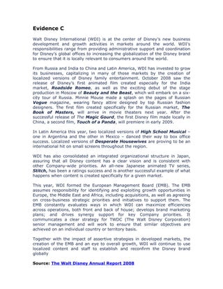 Evidence C

Walt Disney International (WDI) is at the center of Disney’s new business
development and growth activities in markets around the world. WDI’s
responsibilities range from providing administrative support and coordination
for Disney’s global offices to increasing the globalization of the Disney brand
to ensure that it is locally relevant to consumers around the world.

From Russia and India to China and Latin America, WDI has invested to grow
its businesses, capitalizing in many of those markets by the creation of
localized versions of Disney family entertainment. October 2008 saw the
release of Disney’s first animated film created especially for the India
market, Roadside Romeo, as well as the exciting debut of the stage
production in Moscow of Beauty and the Beast, which will embark on a six-
city tour of Russia. Minnie Mouse made a splash on the pages of Russian
Vogue magazine, wearing fancy attire designed by top Russian fashion
designers. The first film created specifically for the Russian market, The
Book of Masters, will arrive in movie theaters next year. After the
successful release of The Magic Gourd, the first Disney film made locally in
China, a second film, Touch of a Panda, will premiere in early 2009.

In Latin America this year, two localized versions of High School Musical –
one in Argentina and the other in Mexico – danced their way to box office
success. Localized versions of Desperate Housewives are proving to be an
international hit on small screens throughout the region.

WDI has also consolidated an integrated organizational structure in Japan,
assuring that all Disney content has a clear vision and is consistent with
other Company-wide priorities. An all-new Japanese animated TV series,
Stitch, has been a ratings success and is another successful example of what
happens when content is created specifically for a given market.

This year, WDI formed the European Management Board (EMB). The EMB
assumes responsibility for identifying and exploiting growth opportunities in
Europe, the Middle East and Africa, including acquisitions, as well as agreeing
on cross-business strategic priorities and initiatives to support them. The
EMB constantly evaluates ways in which WDI can maximize efficiencies
across operations, both front and back of house; develops brand marketing
plans; and drives synergy support for key Company priorities. It
communicates a clear strategy for TWDC (The Walt Disney Corporation)
senior management and will work to ensure that similar objectives are
achieved on an individual country or territory basis.

Together with the impact of assertive strategies in developed markets, the
creation of the EMB and an eye to overall growth, WDI will continue to use
localized content and staff to establish and reconfirm the Disney brand
globally

Source: The Walt Disney Annual Report 2008
 