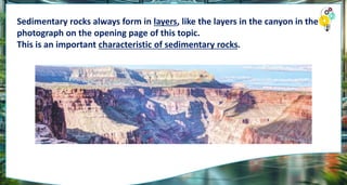 Sedimentary rocks always form in layers, like the layers in the canyon in the
photograph on the opening page of this topic.
This is an important characteristic of sedimentary rocks.
 
