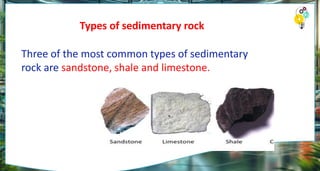 Types of sedimentary rock
Three of the most common types of sedimentary
rock are sandstone, shale and limestone.
 