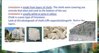 Limestone is made from layers of shells. The shells were covering sea
animals that died and sank to the bottom of the sea.
Limestone is usually white or grey in colour.
Chalk is a pure type of limestone.
Look at the photograph of chalk cliffs opposite/alongside. Notice the
layers.
 