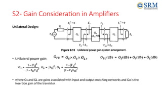 S2- Gain Consideration in Amplifiers
Unilateral Design:
• Unilateral power gain: or
• where Gs and GL are gains associated with input and output matching networks and Go is the
insertion gain of the transistor
 
