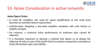S3- Noise Consideration in active networks
Noise Figure Circles:
• In many RF amplifiers, the need for signal amplification at low noise level
becomes an essential system requirement.
• Unfortunately, designing a low-noise amplifier competes with such factors as
stability and gain.
• For instance, a minimum noise performance at maximum gain cannot be
obtained.
• It is therefore important to develop a method that allows us to display the
influence of noise as part of the Smith Chart to conduct comparisons and observe
trade-offs between gain and stability.
 