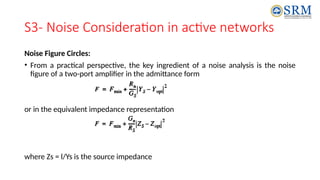 S3- Noise Consideration in active networks
Noise Figure Circles:
• From a practical perspective, the key ingredient of a noise analysis is the noise
figure of a two-port amplifier in the admittance form
or in the equivalent impedance representation
where Zs = l/Ys is the source impedance
 