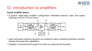S1- Introduction to amplifiers
Generic Amplifier System:
• A generic single-stage amplifier configuration embedded between input and output
matching networks is shown below.
• Input and output matching networks, are needed to reduce undesired reflections and thus
improve the power flow capabilities.
• Amplifier is characterized through its S-matrix at a particular DC bias point
 