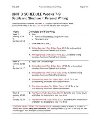 ENGL 208 Personal and Exploratory Writing Page 1 of 1
UNIT 3 SCHEDULE Weeks 7-9
Details and Structure in Personal Writing
The schedule lists the work you need to complete by the end of each week.
Submit work listed in red by 11:59 PM on the day and date indicated.
Table 1
Week Complete the Following
Week 7
Monday 10/4
to
Sunday 10/10
]
1. Read:
• Personal Object Essay Assignment Sheet
• "What Writing Is"
2. Study lectures 1 and 2.
3. Writing Exercise 1 Part 1 Due: Tues. 10/5. Go to the writing
exercises forum and follow the directions.
4. Writing Exercise 1Part 2 Due: Thurs. 10/7. Go to the writing
exercises forum and follow the directions.
Week 8
Monday 10/11
to
Sunday 10/17
1. Read "The Green Earrings."
2. Writing Exercise 2 Part 1 Due: Mon. 10/11. Go to the writing
exercises forum and follow the directions.
3. Writing Exercise 2 Part 2 Due: Tues. 10/12. Go to the writing
exercises forum and follow the directions.
4. Brainstorming Ideas Part 1 Due: Wed. 10/13. Go to the
brainstorming forum and follow the directions.
5. Brainstorming Ideas Part 1 Due: Thurs. 10/14. Go to the
brainstorming forum and follow the directions
Week 9
Monday 10/18
to
Sunday 10/24
1. Peer Review Part 1 Due: Tues. 10/19. Go to the peer review forum
and follow the directions to post your draft.
2. Peer Review Part 2 Due: Thurs. 10/21. Go to the peer review forum
and follow the directions to post your draft.
PERSONAL OBJECT ESSAY DUE: Sunday 10/24. Submit your essay as a Word or PDF file. To
avoid a point penalty, verify your submission. This means you need to go back to the drop box after
submitting your work and open your document file
 