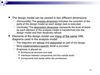 28
 The design model can be viewed in two different dimensions
 (Horizontally) The process dimension indicates the evolution of the
parts of the design model as each design task is executed
 (Vertically) The abstraction dimension represents the level of detail
as each element of the analysis model is transformed into the
design model and then iteratively refined
 Elements of the design model use many of the same UML
diagrams used in the analysis model
 The diagrams are refined and elaborated as part of the design
 More implementation-specific detail is provided
 Emphasis is placed on
 Architectural structure and style
 Interfaces between components and the outside world
 Components that reside within the architecture
 