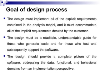 Goal of design process
 The design must implement all of the explicit requirements
contained in the analysis model, and it must accommodate
all of the implicit requirements desired by the customer.
 The design must be a readable, understandable guide for
those who generate code and for those who test and
subsequently support the software.
 The design should provide a complete picture of the
software, addressing the data, functional, and behavioral
domains from an implementation perspective.
 