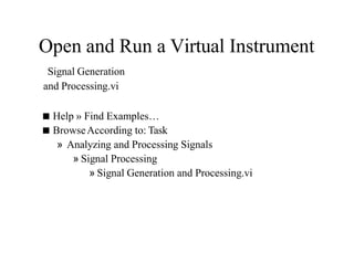 Signal Generation
and Processing.vi
Help » Find Examples…
BrowseAccording to: Task
» Analyzing and Processing Signals
» Signal Processing
» Signal Generation and Processing.vi
Open and Run a Virtual Instrument
 