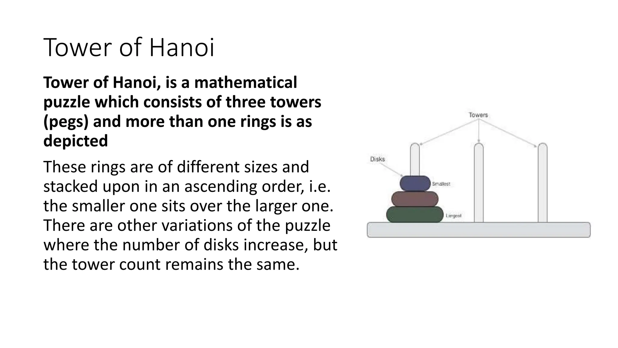 Tower of Hanoi
Tower of Hanoi, is a mathematical
puzzle which consists of three towers
(pegs) and more than one rings is as
depicted
These rings are of different sizes and
stacked upon in an ascending order, i.e.
the smaller one sits over the larger one.
There are other variations of the puzzle
where the number of disks increase, but
the tower count remains the same.
 