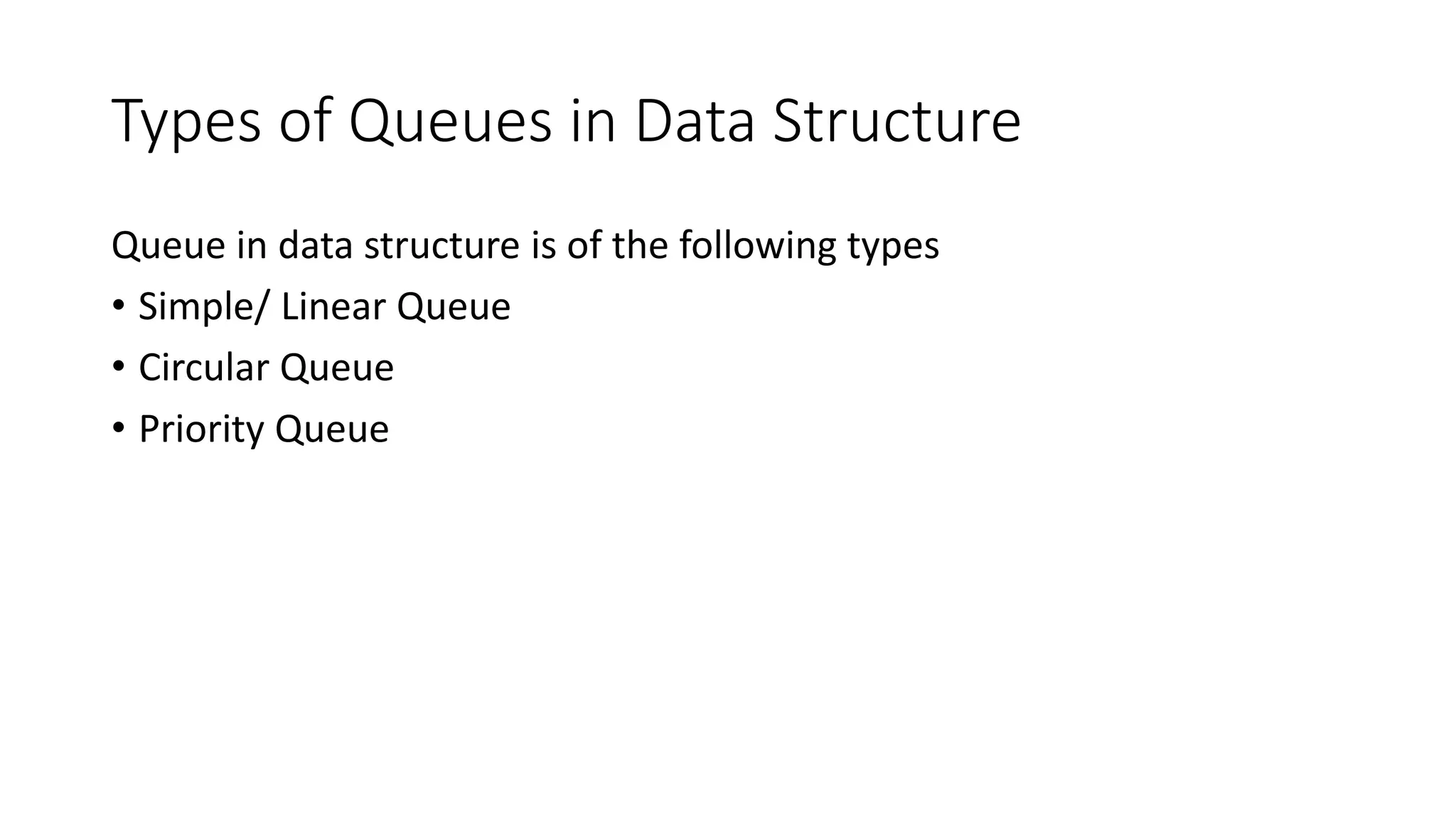 Types of Queues in Data Structure
Queue in data structure is of the following types
• Simple/ Linear Queue
• Circular Queue
• Priority Queue
 