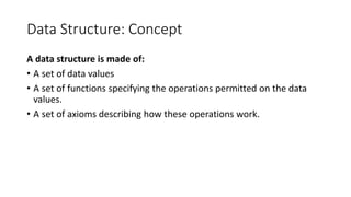 Data Structure: Concept
A data structure is made of:
• A set of data values
• A set of functions specifying the operations permitted on the data
values.
• A set of axioms describing how these operations work.
 