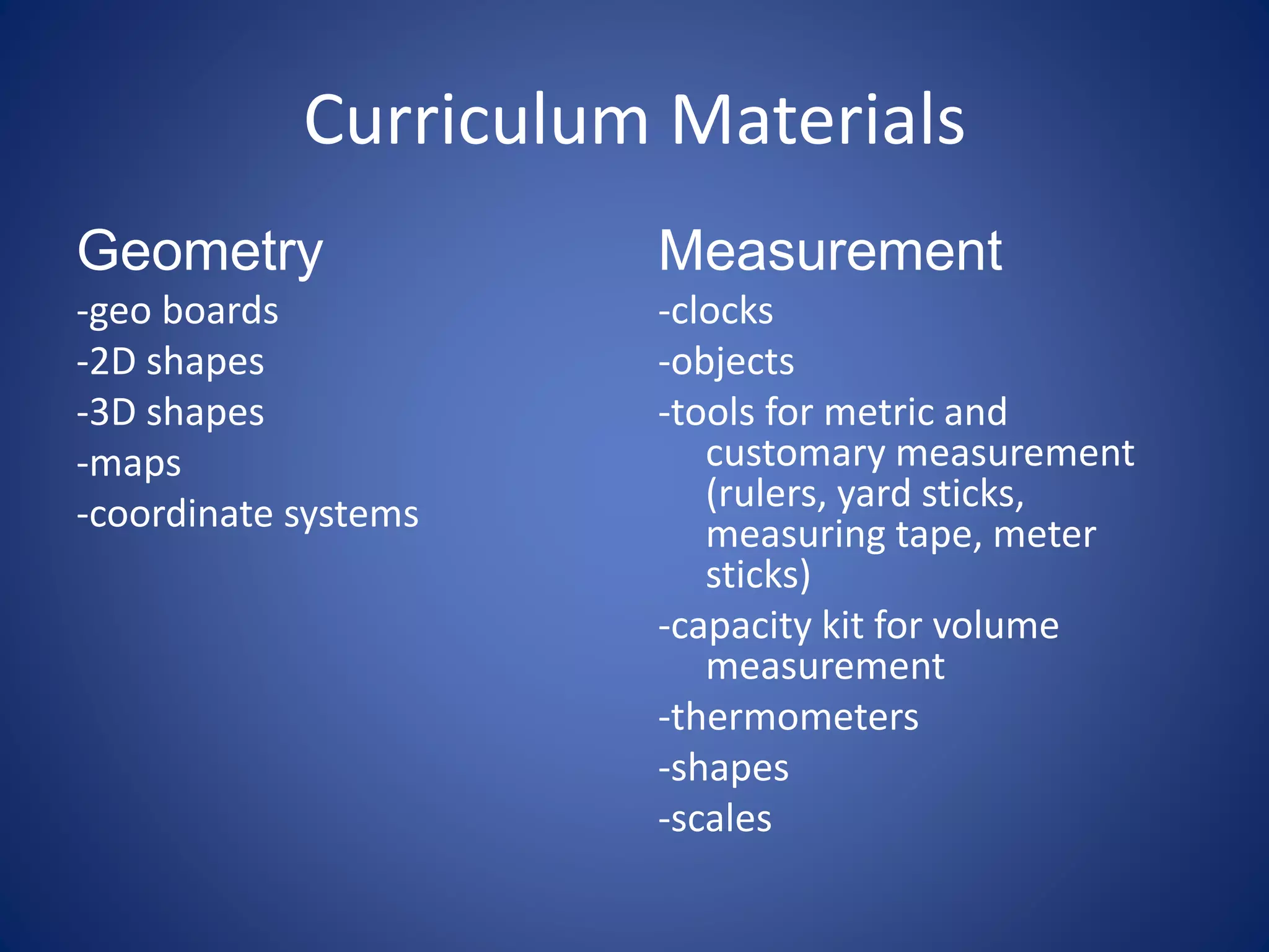 Curriculum Materials
Geometry
-geo boards
-2D shapes
-3D shapes
-maps
-coordinate systems
Measurement
-clocks
-objects
-tools for metric and
customary measurement
(rulers, yard sticks,
measuring tape, meter
sticks)
-capacity kit for volume
measurement
-thermometers
-shapes
-scales
 