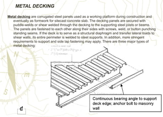 METAL DECKING
Metal decking are corrugated steel panels used as a working platform during construction and
eventually as formwork for sitecast concrete slab. The decking panels are secured with
puddle-welds or shear welded through the decking to the supporting steel joists or beams.
The panels are fastened to each other along their sides with screws, weld, or button punching
standing seams. If the deck is to serve as a structural diaphragm and transfer lateral loads to
shear walls, its entire perimeter is welded to steel supports. In addition, more stringent
requirements to support and side lap fastening may apply. There are three major types of
metal decking:
 