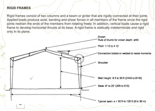 RIGID FRAMES
Rigid frames consist of two columns and a beam or girder that are rigidly connected at their joints.
Applied loads produce axial, bending and shear forces in all members of the frame since the rigid
joints restrain the ends of the members from rotating freely. In addition, vertical loads cause a rigid
frame to develop horizontal thrusts at its base. A rigid frame is statically indeterminate and rigid
only in its plane.
 