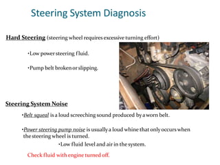 Steering System Diagnosis
Hard Steering (steering wheel requires excessive turning effort)
•Low powersteering fluid.
•Pump belt brokenorslipping.
Steering System Noise
•Belt squeal is a loud screeching sound produced byaworn belt.
•Power steering pump noise is usuallya loud whine that onlyoccurswhen
thesteering wheel is turned.
•Low fluid level and air in the system.
Check fluid with engine turned off.
 