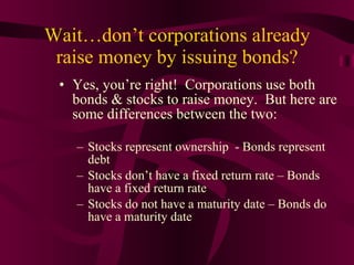 Wait…don’t corporations already raise money by issuing bonds? Yes, you’re right!  Corporations use both bonds & stocks to raise money.  But here are some differences between the two: Stocks represent ownership  - Bonds represent debt Stocks don’t have a fixed return rate – Bonds have a fixed return rate Stocks do not have a maturity date – Bonds do have a maturity date 