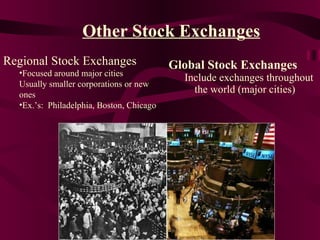 Other Stock Exchanges Global Stock Exchanges Include exchanges throughout the world (major cities) Regional Stock Exchanges   Focused around major cities Usually smaller corporations or new ones Ex.’s:  Philadelphia, Boston, Chicago 