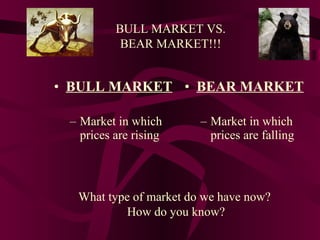 BULL MARKET Market in which prices are rising BEAR MARKET Market in which prices are falling BULL MARKET VS. BEAR MARKET!!! What type of market do we have now?  How do you know? 