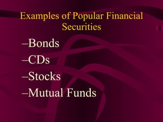 Examples of Popular Financial Securities Bonds CDs Stocks Mutual Funds 