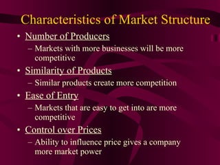 Characteristics of Market Structure Number of Producers Markets with more businesses will be more competitive Similarity of Products Similar products create more competition Ease of Entry Markets that are easy to get into are more competitive Control over Prices Ability to influence price gives a company more market power 