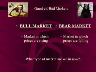 BULL MARKET Market in which prices are rising BEAR MARKET Market in which prices are falling Good vs. Bad Markets What type of market are we in now? 