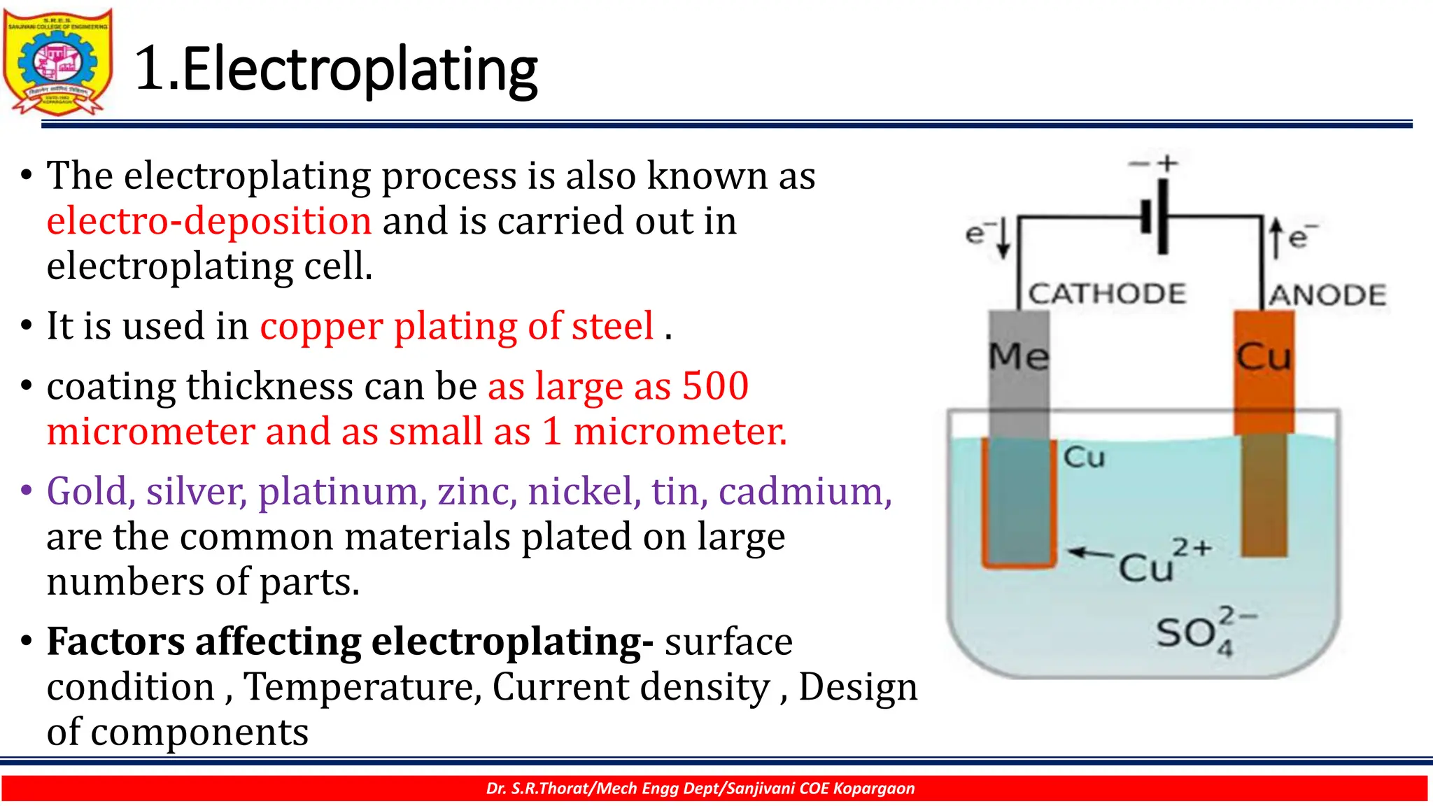 1.Electroplating
• The electroplating process is also known as
electro-deposition and is carried out in
electroplating cell.
• It is used in copper plating of steel .
• coating thickness can be as large as 500
micrometer and as small as 1 micrometer.
• Gold, silver, platinum, zinc, nickel, tin, cadmium,
are the common materials plated on large
numbers of parts.
• Factors affecting electroplating- surface
condition , Temperature, Current density , Design
of components
Dr. S.R.Thorat/Mech Engg Dept/Sanjivani COE Kopargaon
 