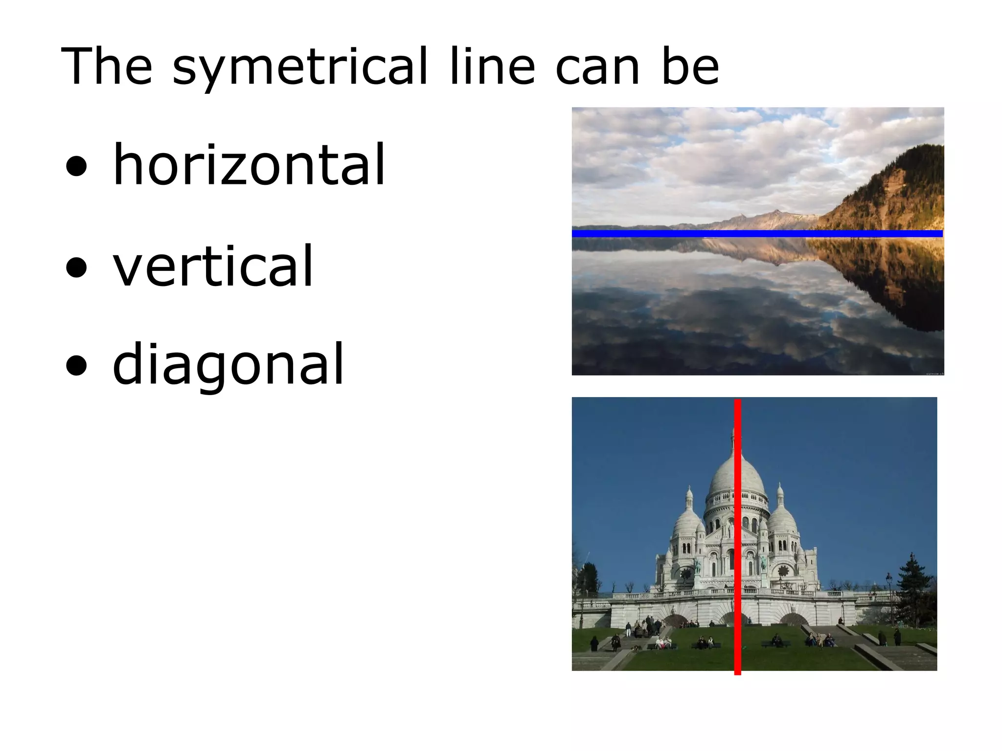 The symetrical line can be horizontal vertical diagonal   