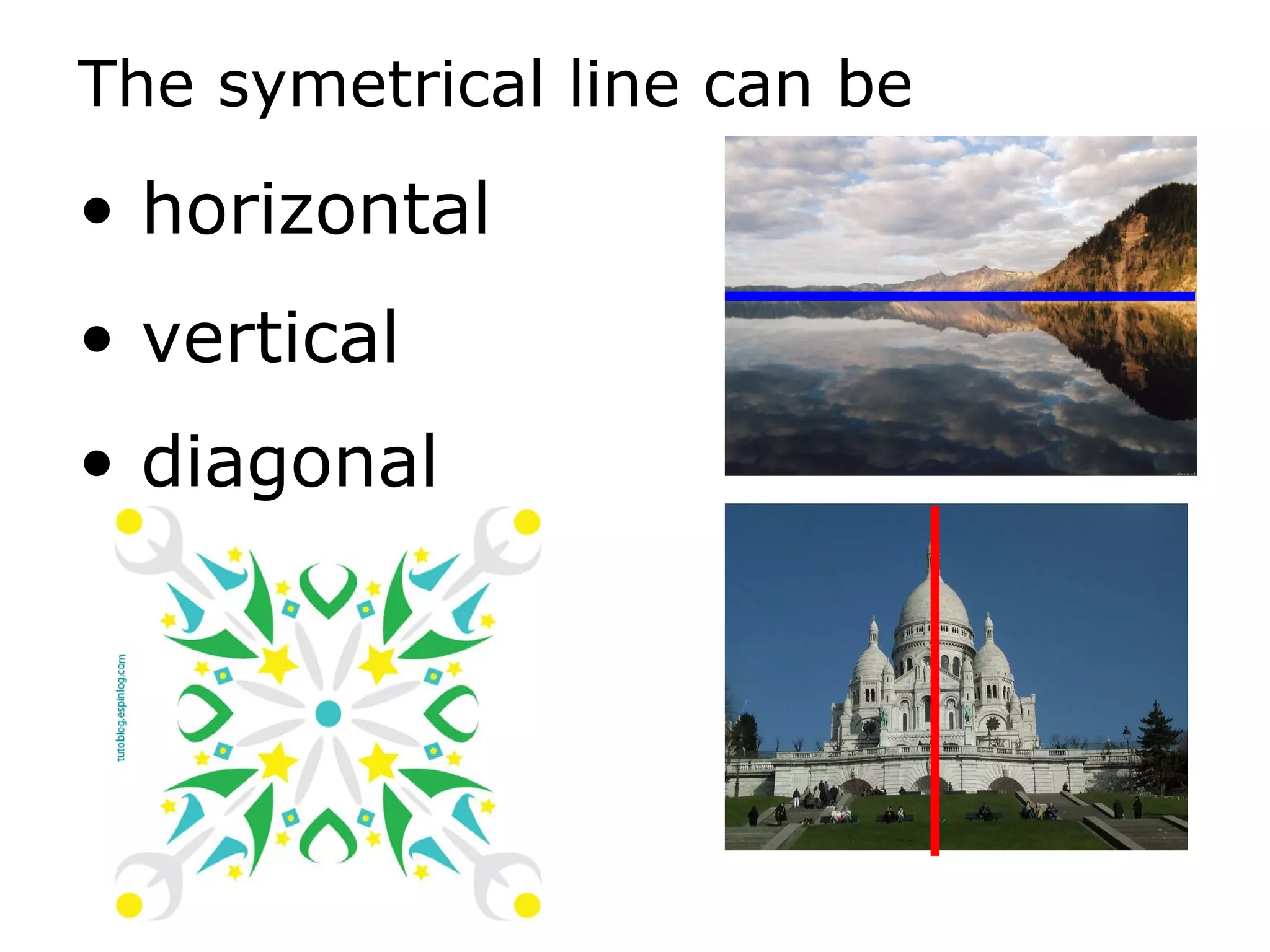 The symetrical line can be horizontal vertical diagonal   