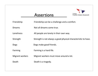 Friendship                      Friendship can be a challenge and a comfort.
Dreams                           Not all dreams come true.
Loneliness                      All people are lonely in their own way.
Strength                         Strength is not always a good physical characteris=c to have.
Dogs                               Dogs make good friends.
Farming                          Farming is a hard life.
Migrant workers           Migrant workers must move around a lot.
Death                              Death is a tragedy.
Assertions
 