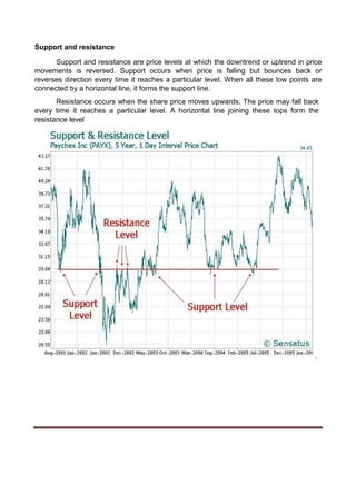 Support and resistance
Support and resistance are price levels at which the downtrend or uptrend in price
movements is reversed. Support occurs when price is falling but bounces back or
reverses direction every time it reaches a particular level. When all these low points are
connected by a horizontal line, it forms the support line.
Resistance occurs when the share price moves upwards. The price may fall back
every time it reaches a particular level. A horizontal line joining these tops form the
resistance level
.
 